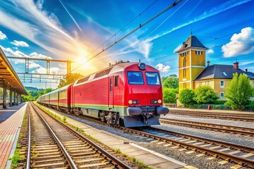 Fototapeta premium Candid View of a Mediumweight Freight Locomotive at Ulm Railway Station on a Sunny Day with the Bombardier TRAXX and RheinCargo in Focus