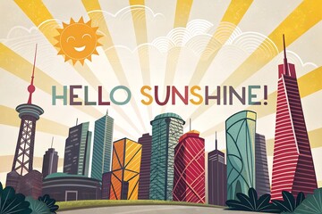 Abstract city skyline in bold colors with sun rays and "Hello Sunshine!" text, uplifting and bright atmosphere