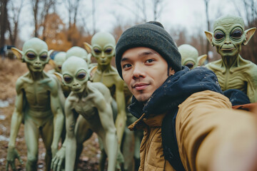 Fototapeta premium A man taking a selfie with a group of aliens