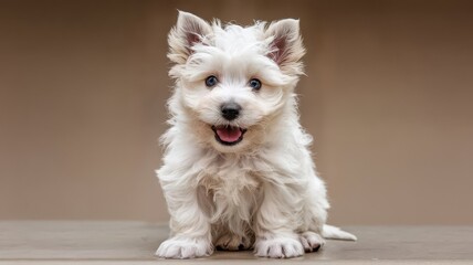a cute white puppy animal smiling isolated background. white cute Dog baby puppy sitting and smiling isolated background wildlife