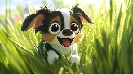 59. Playful puppy with big eyes and floppy ears, running through tall grass