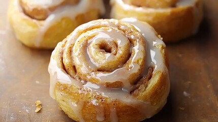 Fototapeta premium A close-up of a freshly baked cinnamon roll drizzled with icing, showcasing its spiral layers and sweet glaze.
