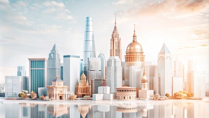 Naklejka premium A miniature cityscape silhouetted against a warm sunrise.
