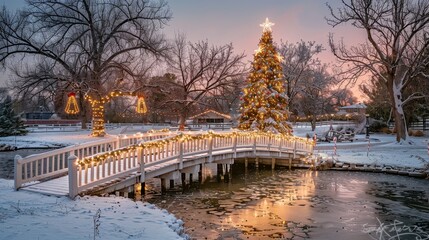 Fototapeta premium Charming winter scene with a white bridge and a vibrant christmas tree surrounded by snow and lights