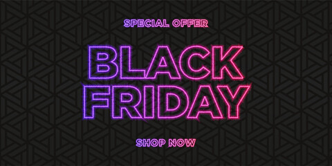 Black Friday neon banner. Shop now. Special offer.