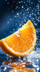 A vibrant orange slice is splashed by water droplets, creating a refreshing and lively effect against a dark backdrop