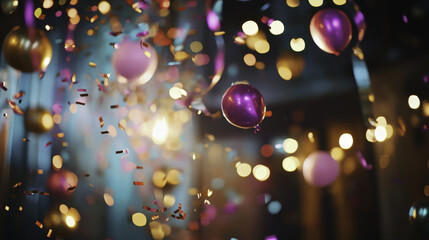 Festive mood with colorful balloons, confetti, and lights creating vibrant New Year Eve party atmosphere. Celebrate joyfully with friends and family!