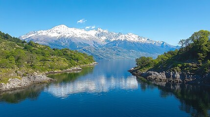 Serene landscape featuring mountains, water, and lush greenery under clear skies.
