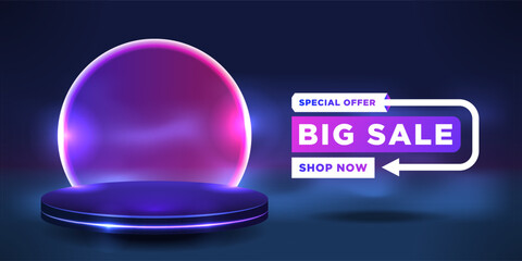 The banner is a big sale with a podium and a neon circle.