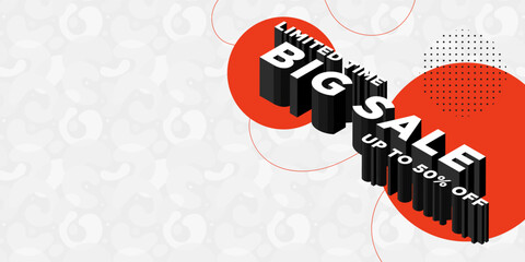 Big sale banner with red circles on a patterned white background.