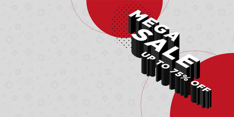 Mega sale banner with red circles on a patterned white background.