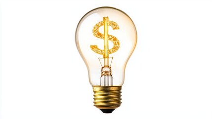 a light bulb with dollar sign inside, symbolizing profitable ideas and innovation, glowing filament, isolated on white background