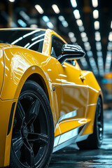 A yellow sports car parked in a garage