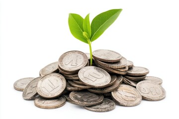 a pile of coins with small plant growing, financial growth and investment symbol, isolated on white background
