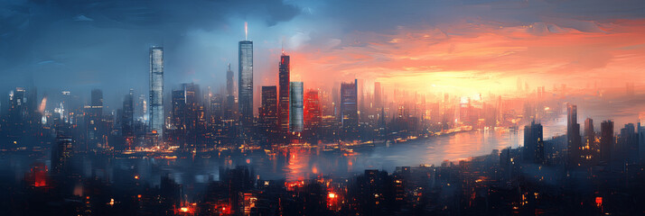 Panoramic Cityscape with Skyscrapers and River: Modern Urban Skyline View -  Artistic Urban Skyline Painting
