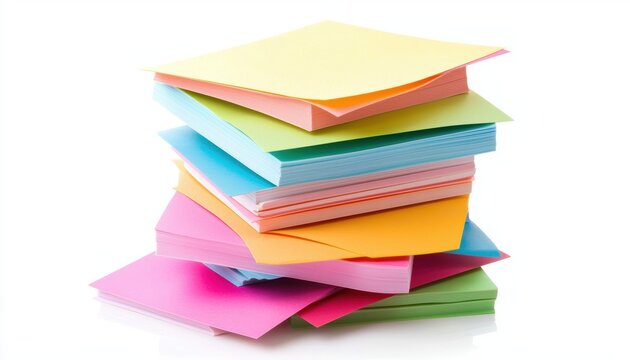 a stack of colorful sticky notes, business reminders and organization, neat arrangement, isolated on white background