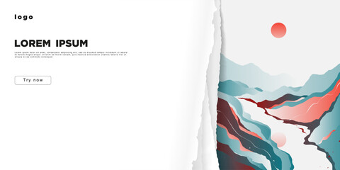 Fototapeta premium A banner with torn paper behind which is an abstract landscape. A place for the text.