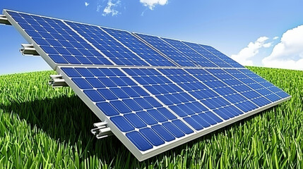 A solar panel array with blue sky and green grass.