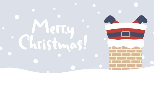 Animated Christmas vector background with Santa Claus stuck in the chimney