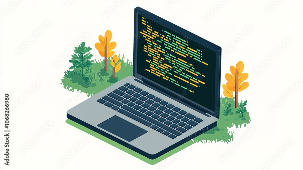 Wall mural isometric illustration of an open laptop with coding on screen