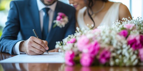 Elegant couple signing marriage certificate surrounded by traditional floral arrangements