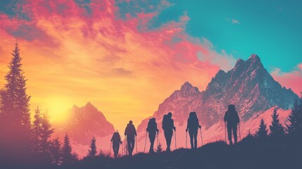 Silhouetted hikers against a vibrant sunset in a mountainous landscape.