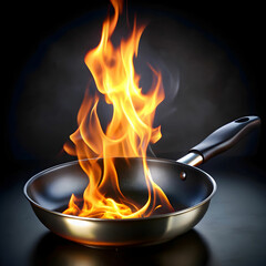A frying pan with flames burning brightly inside