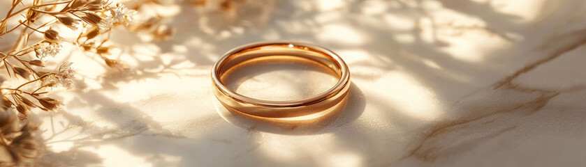 beautiful gold wedding ring resting on marble surface, surrounded by delicate dried flowers, creating romantic and elegant atmosphere