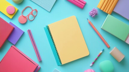 Bright workspace with colorful notebook and decor items