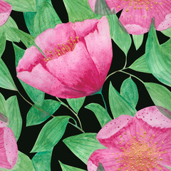 Peony seamless pattern on a black background. Watercolor floral design for wallpaper, wrapping paper, and fabric. Hand-drawn pink flower motif.