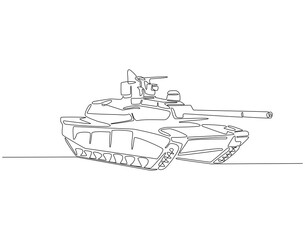 Continuous one line drawing of military tank. One line drawing illustration of soldier vehicle for war. armored transportation, military equipment concept line art. Editable outline