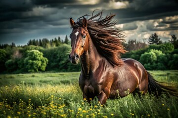 Obraz premium Captivating Candid Photography of a Beautiful Sorrel Horse in Natural Settings with Vibrant Colors and Lush Backgrounds, Showcasing the Grace and Elegance of this Majestic Animal