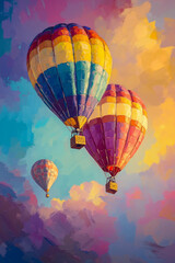 Fototapeta premium A painting of three hot air balloons flying in the sky