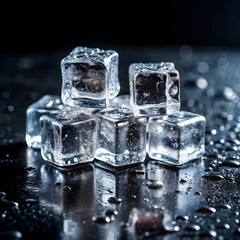 Ice cubes scattered on a black surface, glistening