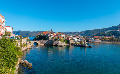 Beautiful cityscape on the mountains over Black-sea, Amasra. Amasra traditional Turkish architecture
