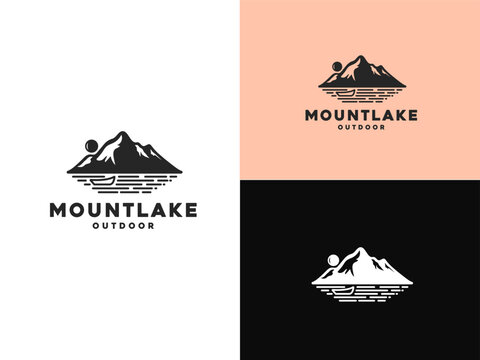 A Mountain Lake with a boat. Rough Rustic Vintage Drawing for Adventure Outdoor logo design