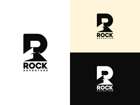 Letter R Rock Rocky with Top Mountain Summit Peak word mark for Adventure Outdoor logo design