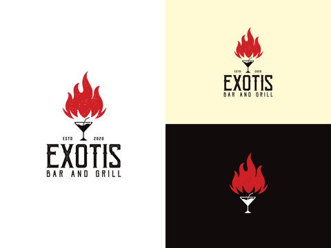 Fire with Cocktail Glass for Hot Food Dish like Steak Grill BBQ Barbecue and Beverage Vintage Classic Cozy Restaurant and Bar logo design