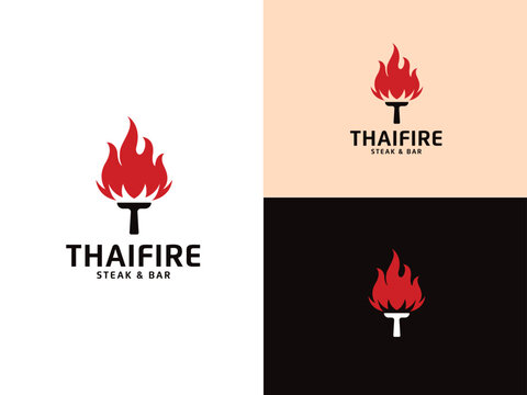 Initial Letter T with Fire Flame for Hot Grill Food Dish like Steak BBQ Barbecue Kitchen Restaurant logo design