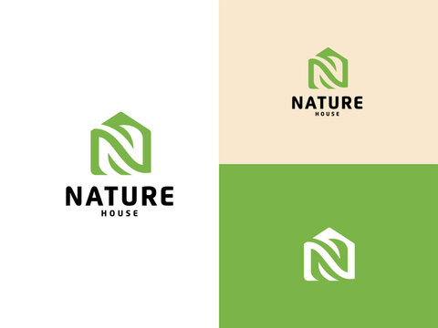 Initial Letter N Leaf with house home for evergreen logo design