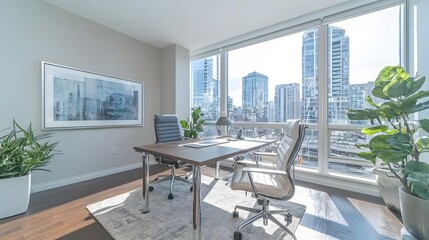 contemporary office with a large desk positioned near a window with city views, flooded with natural light.
