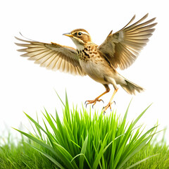Fototapeta premium lark-flying-and-touching-grass-on-whtie-back-groun