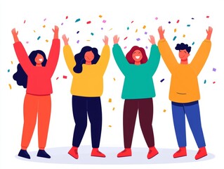 A joyful group of four people celebrating with raised hands and confetti.