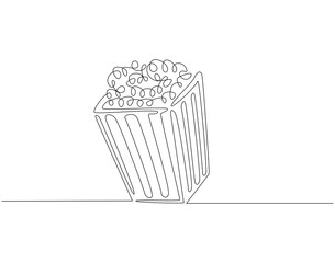 Continuous one line drawing of popcorn. One line drawing illustration of delicious popcorn. Cinema, movie snack, bucket concept single line. Editable outline