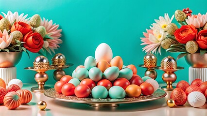 A pyramid of colorful Easter eggs on a golden tray with flower arrangements.