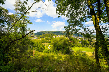 View of Berringhausen near Burscheid and the surrounding green nature. Landscape in the Bergisches Land.
