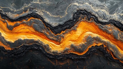 Aerial view of molten lava flowing over volcanic ash, creating intricate veins across layers of rocks, showcasing the powerful forces of nature and geological processes in volcanic activity.