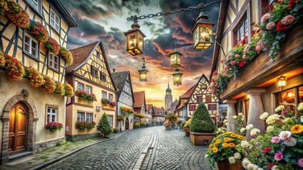 Fototapeta premium Captivating Conceptual Photography of Rothenburg's Enchanting Streets, Timeless Architecture, and Lush Scenery Blending History and Modernity in a Dreamlike Setting