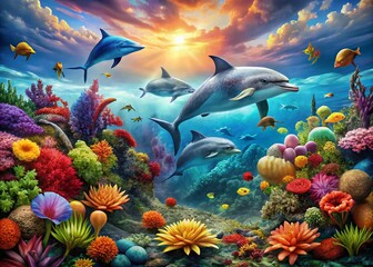 Fototapeta premium Captivating Conceptual Photography of Sea Fish and Mammals: A Visual Journey Through Marine Life Diversity and Interactions in the Ocean Ecosystem