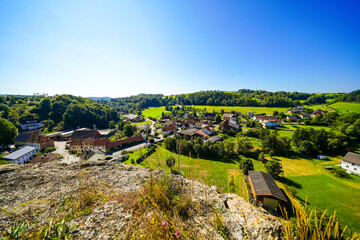 View of Ober-Werbe and the surrounding green nature from the Ober Werbe monastery ruins. Landscape near Waldeck-Frankenberg.
